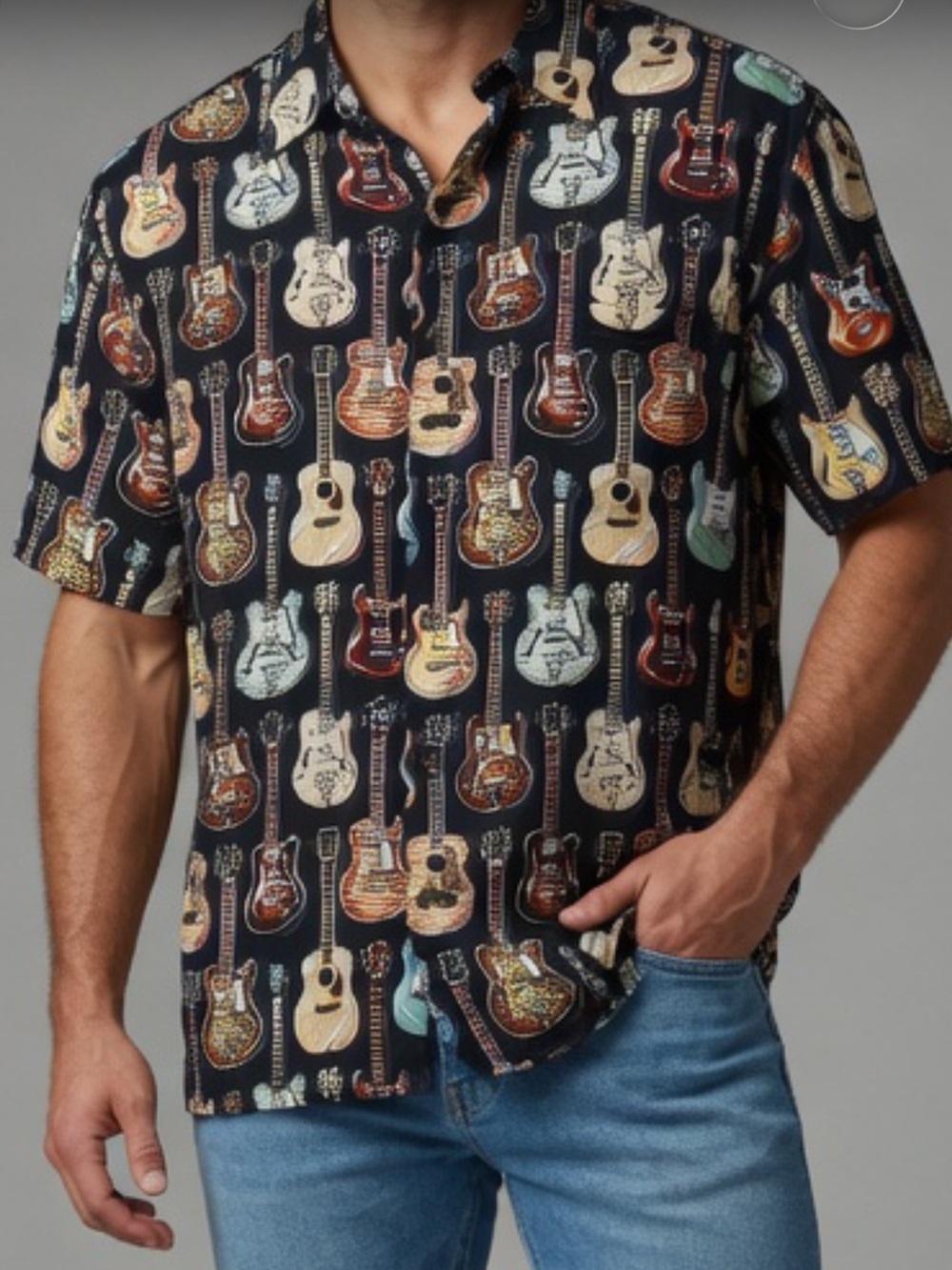 Vintage Reyn Spooner Art of Eddy Men's Black Guitar Print Short-Sleeve Shirt L
